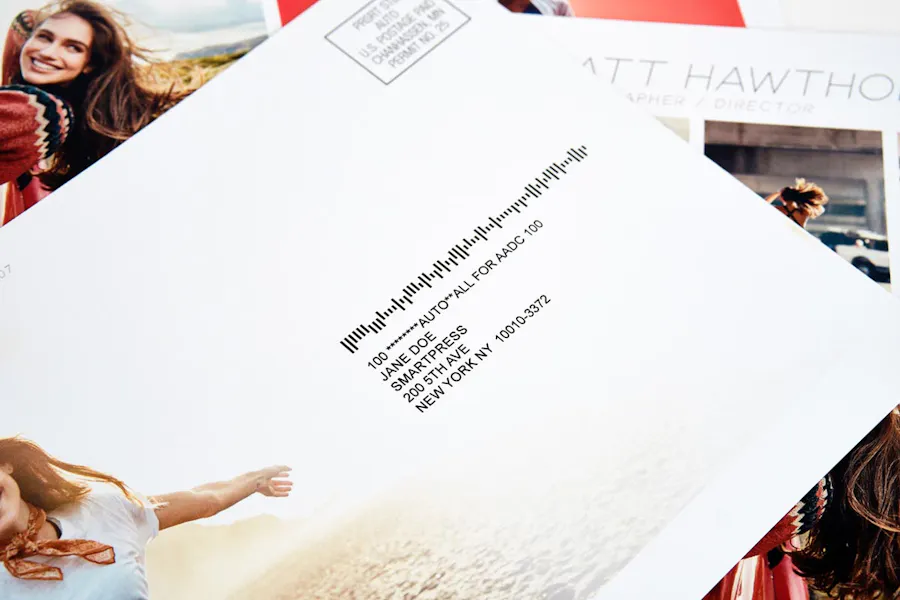 Direct mail postcards scattered on top of each other showing the address and postage.
