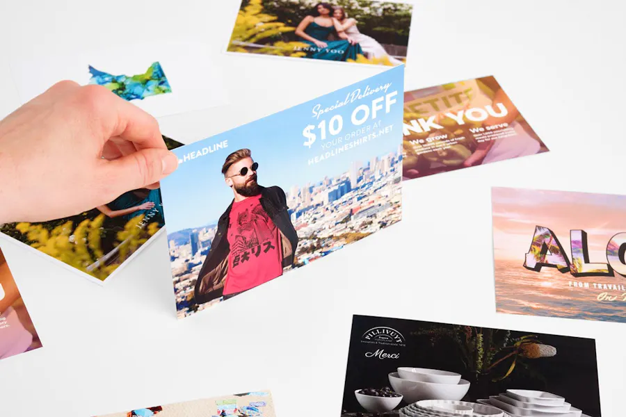 A hand holding a personalized marketing postcard with various postcards laid out around it.