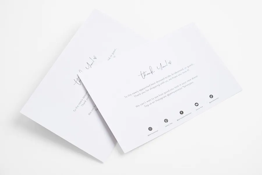 Two thank you postcards printed with a white background and black text.