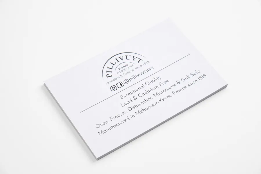 A stack of custom postcards printed as package inserts for Pillivuyt porcelaine.