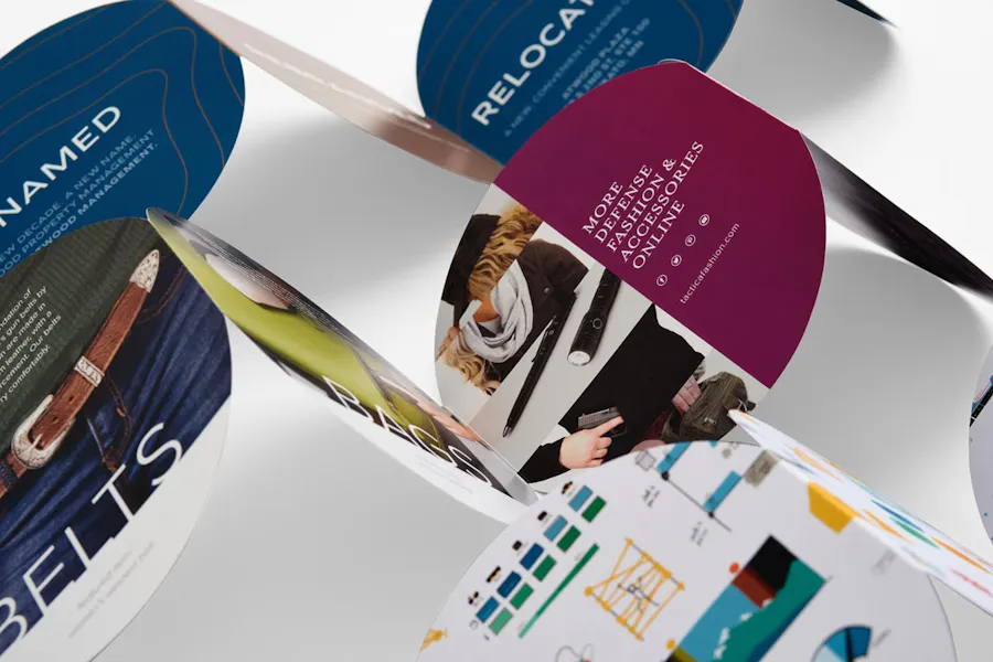 Three accordion fold brochures with round panels in dark blue, maroon and white.