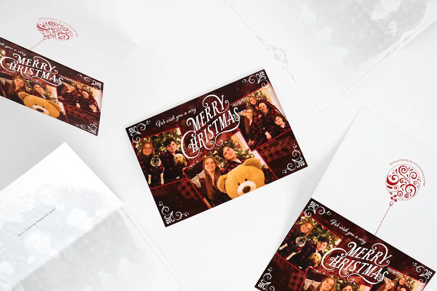 Custom Christmas cards standing and laying flat with a family in matching plaid on the cover.