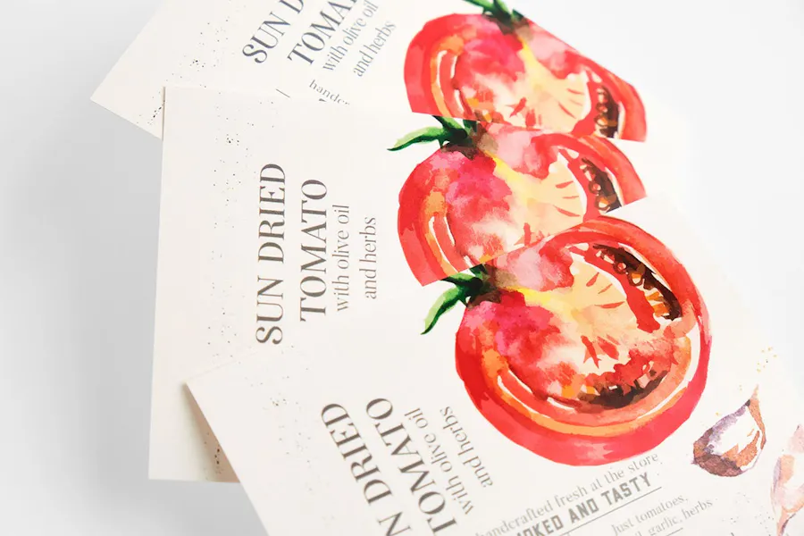 Three fanned-out custom labels printed with Sun Dried Tomatoes and a tomato design in red, orange and yellow.