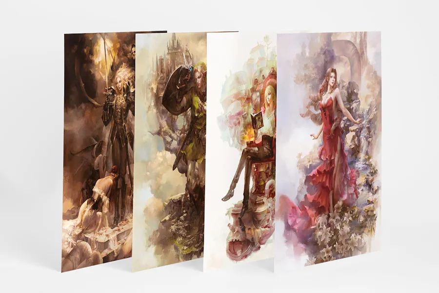 Four small posters printed with custom fantasy artwork and female fantasy characters on each one.