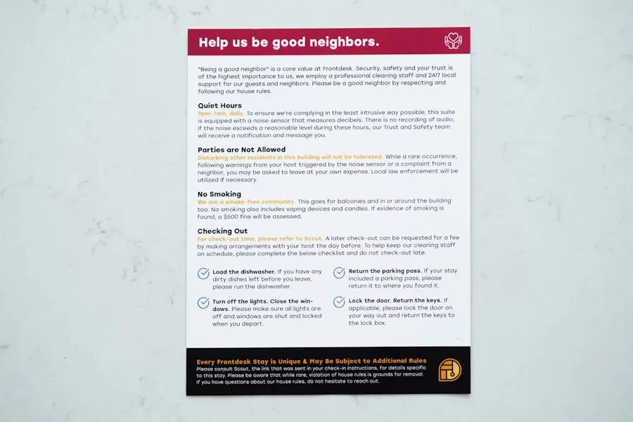 An informational flyer for a vacation rental with a list of house rules.