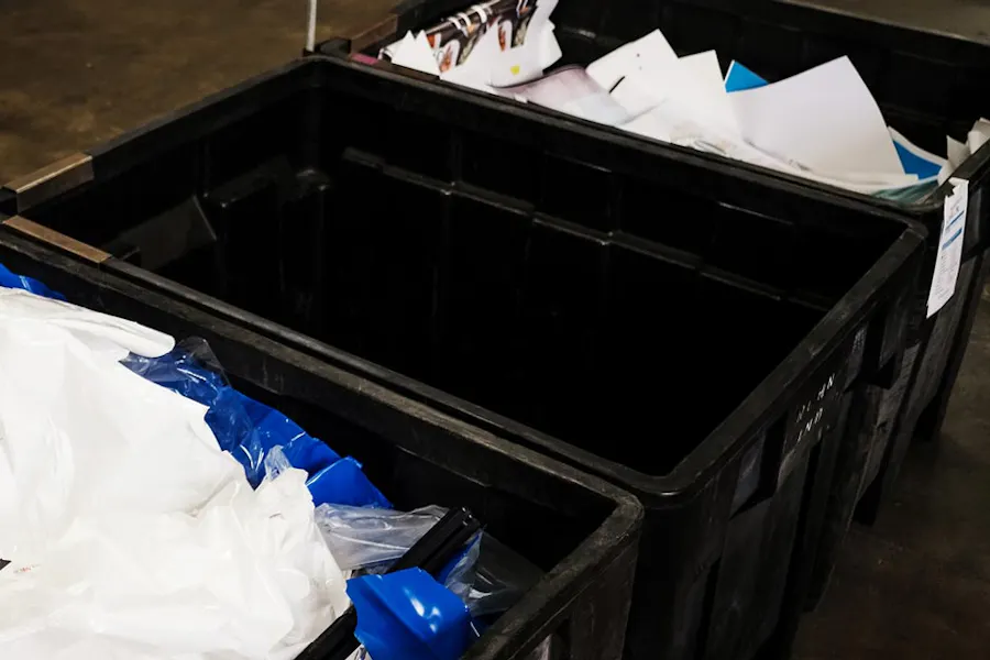 Three black recycling bins in a production facility, one filled with paper materials and one with plastic materials.