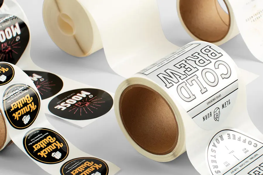 Five rolls of printed labels with custom designs, including on silver stock.