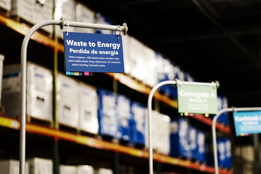 Three recycling bins in a production facility with labels printed with Waste to Energy and Corrugate A.