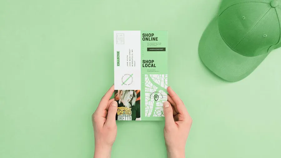 Two hands holding a direct mailer with a green design next to a solid green baseball cap.