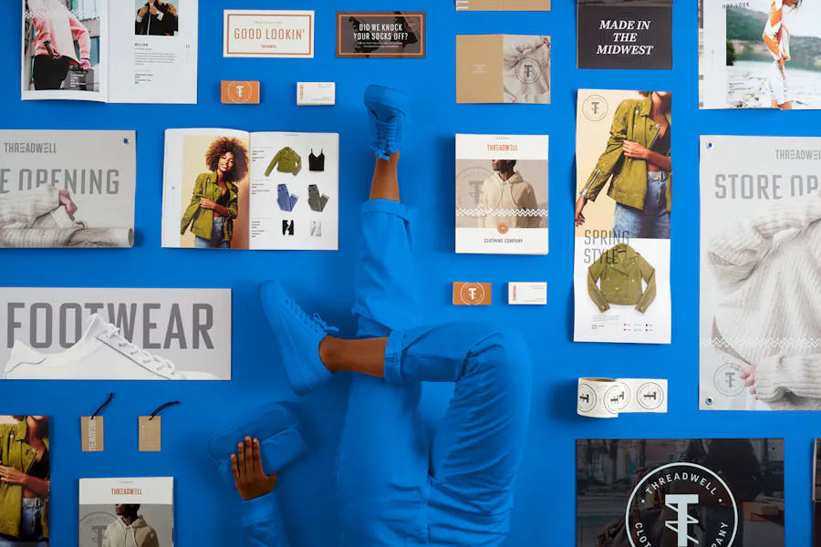 A person dressed in blue pants and blue shoes laying between an array of fashion marketing print pieces.