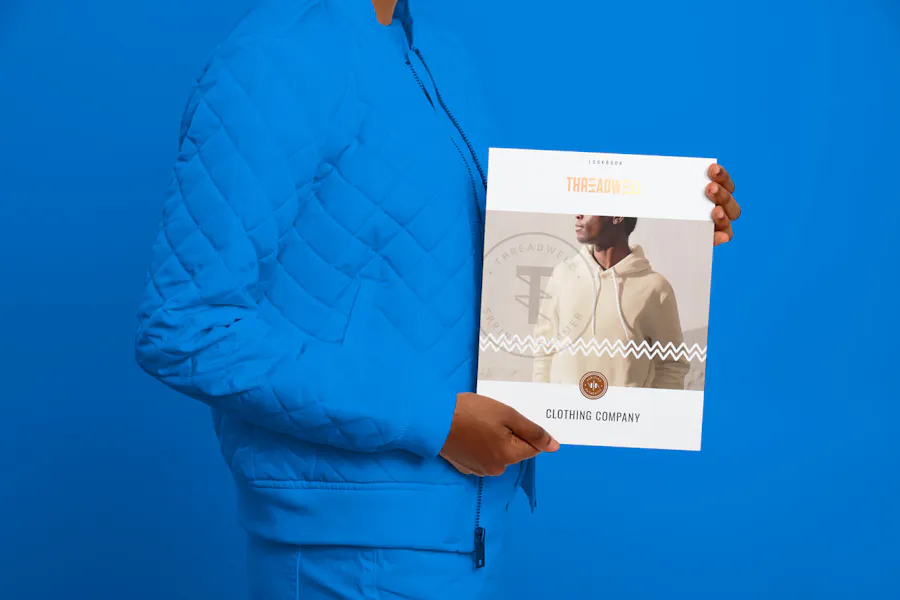 A person dressed in a matching blue jacket, shirt and pants standing to the side and holding a fashion catalog.