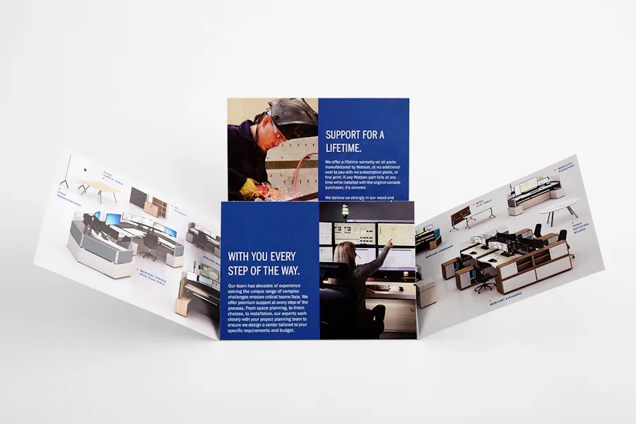 A marketing mailer with four unfolded panels and images of office furniture and a man welding.