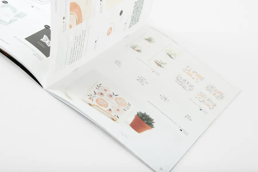 A custom catalog laying open with plant products and details listed on each page.