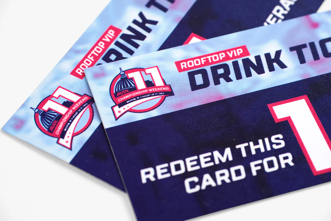Two custom drink tickets printed with AUDL Championship Weekend 11, Rooftop VIP and Redeem This Card for 1 Beverage.