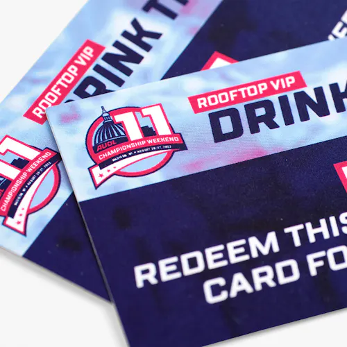 Two custom drink tickets printed with AUDL Championship Weekend 11, Rooftop VIP and Redeem This Card for 1 Beverage.