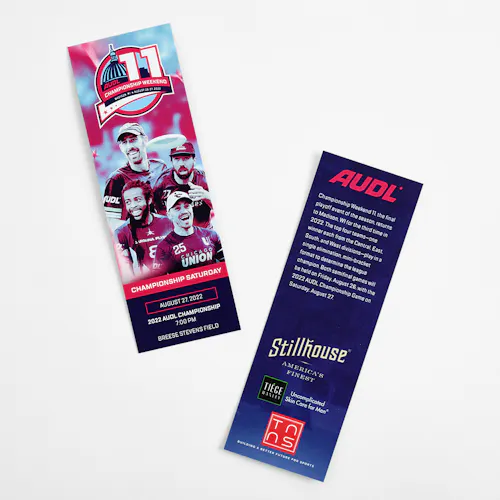 Two AUDL Championship Weekend 11 event tickets printed with a blue, red and white design and images of four ultimate disc players.