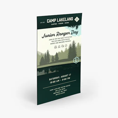 A save the date magnet printed with Junior Ranger Day, event details and a forest scene.