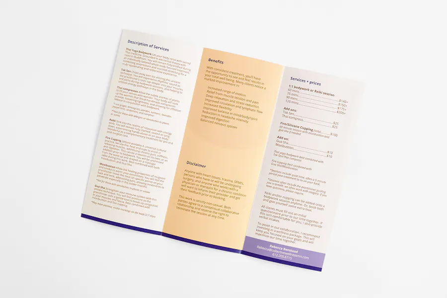 A tri-fold brochure laying open to a description of services, benefits, prices and disclaimers.