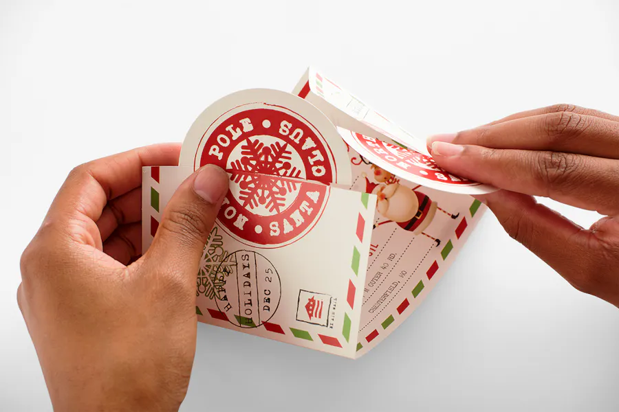 Two hands securing a custom invite with a gate fold and a circle die cut printed with Santa Clause and North Pole.