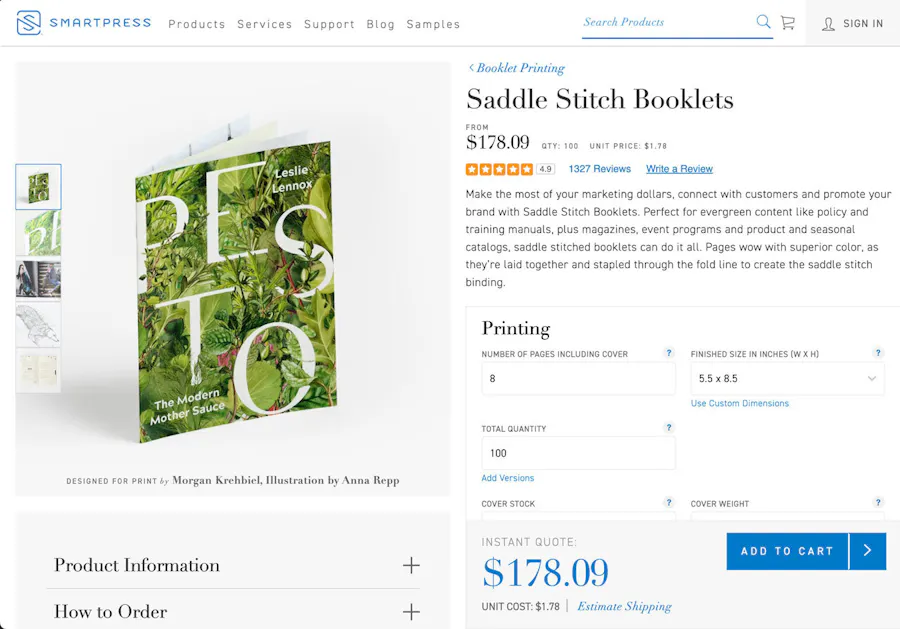 An online printer interface showing saddle stitch booklets with dropdowns for printing specs and a price quote.