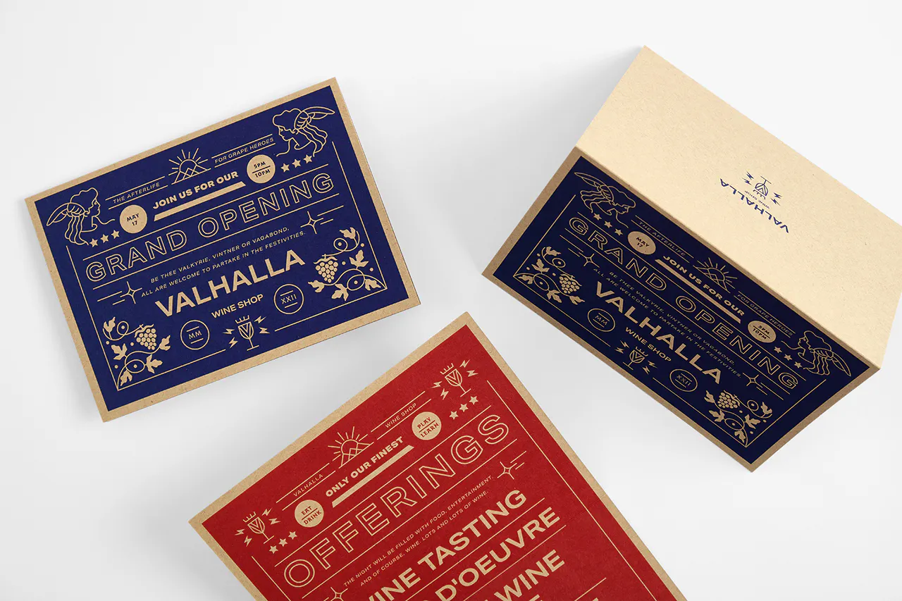 Three custom invites printed on Kraft paper with red and blue designs for a grand opening.