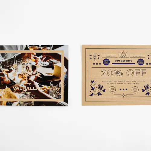 A custom insert card printed with Valhalla Wine Shop on the front and 20% Off on the back.