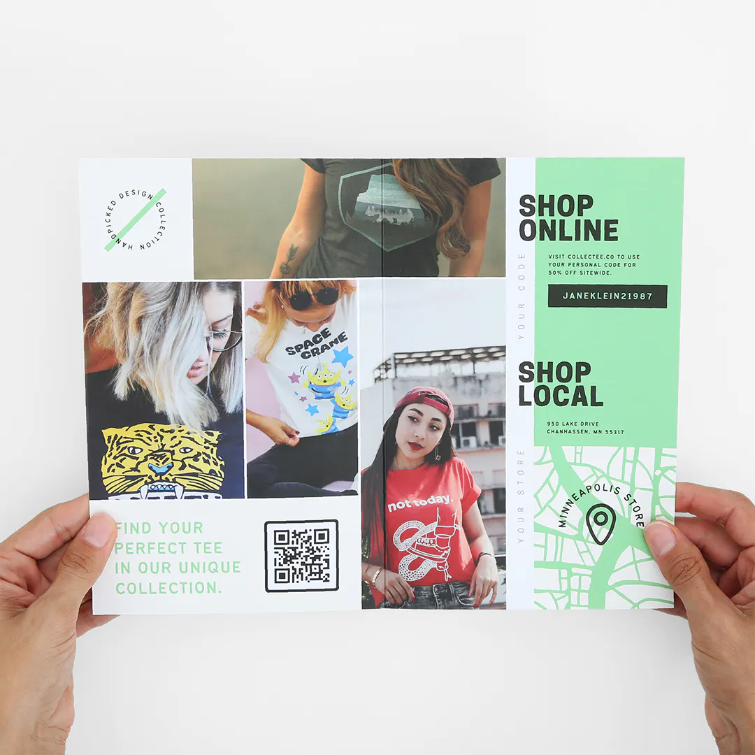 A direct mailer printed with images of women wearing different T-shirts, a map of a store location and a QR code.