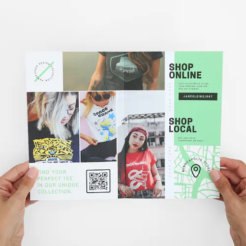 A direct mailer printed with images of women wearing different T-shirts, a map of a store location and a QR code.