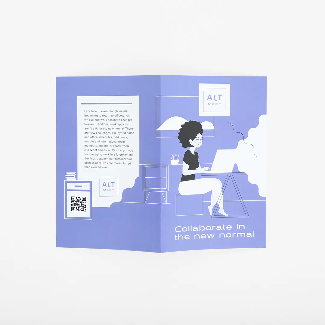 A brochure printed with a purple background, an illustration of a woman sitting at a desk and a QR code on the back.