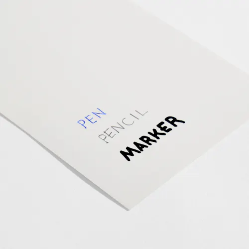 SYNTHETIC Synthetic waterproof paper stock with pen, pencil and marker written on it.