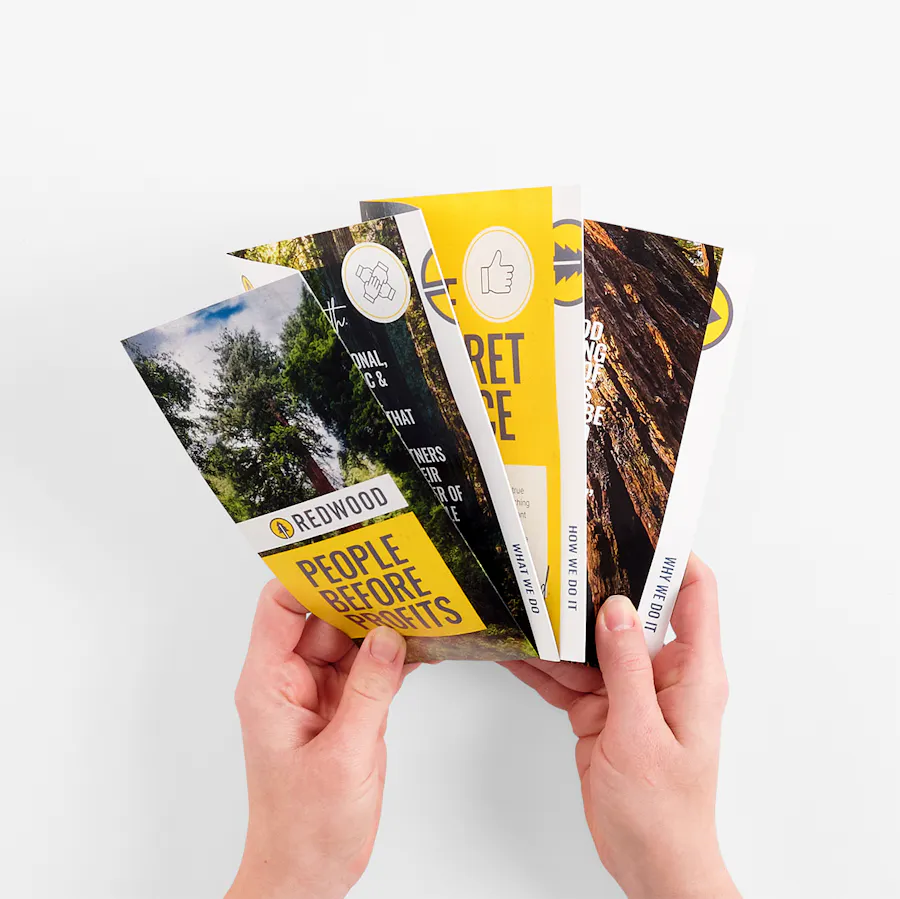 Two hands holding an accordion fold brochure printed with People Before Profits on the cover.