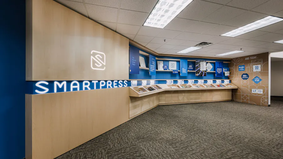 A custom timeline wall that's part of Smartpress' workplace design.