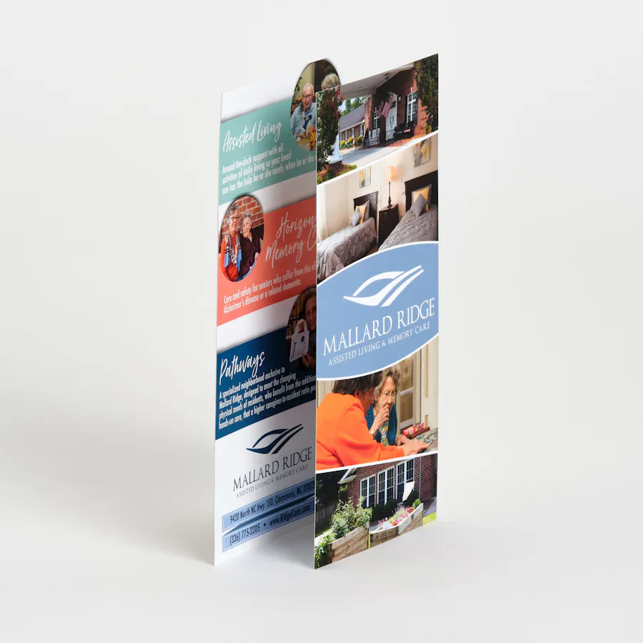 Two custom rack cards printed with information about an assisted living facility.