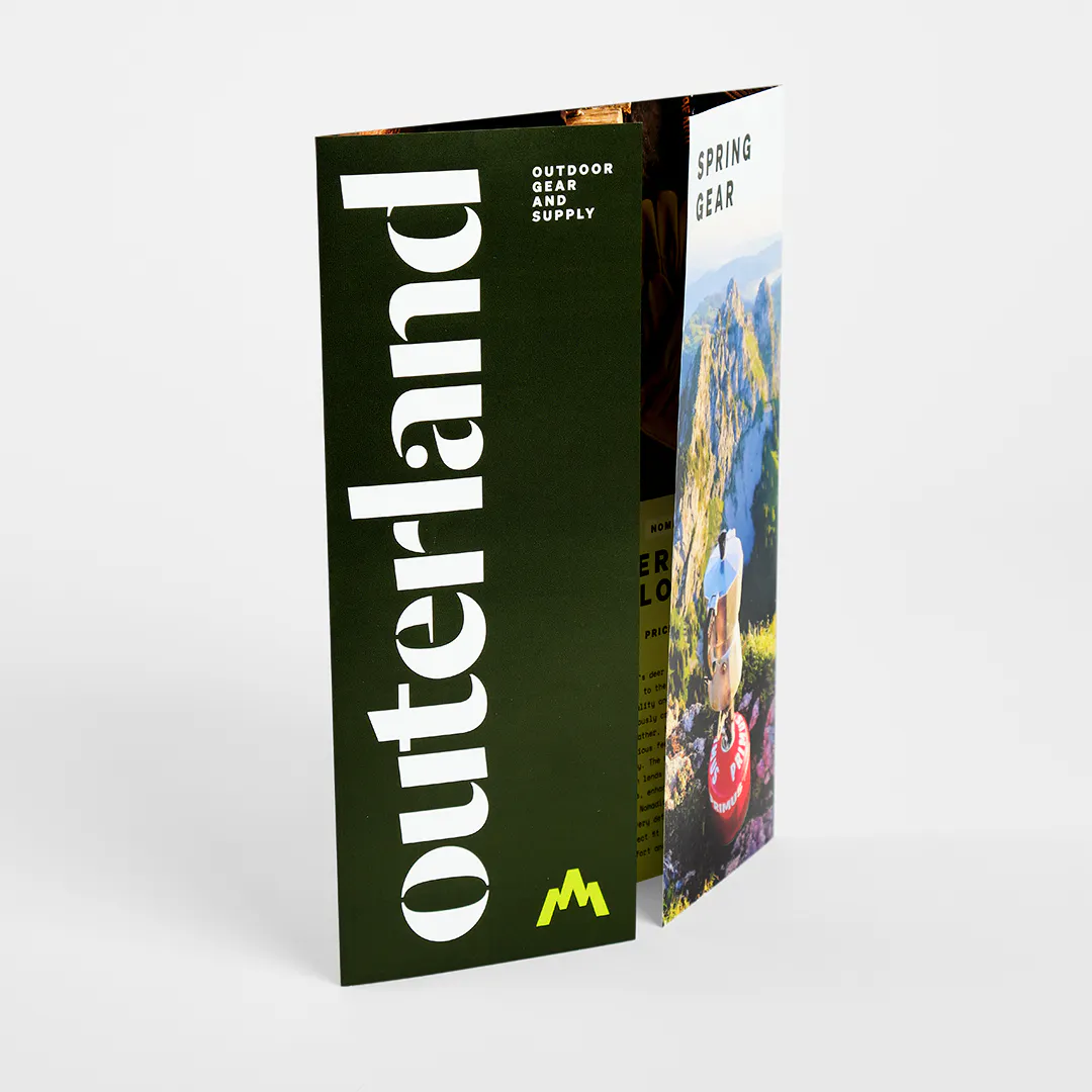 A gate fold brochure printed with Outerland Outdoor Gear and Supply.