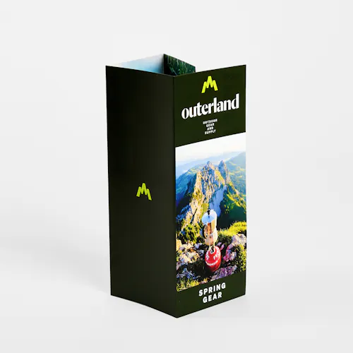 A roll fold brochure printed with four panels and Outerland Spring Gear.
