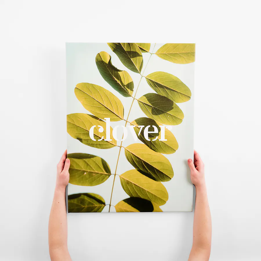 Two hands holding a custom canvas sign printed with a leave design and Clover in white.