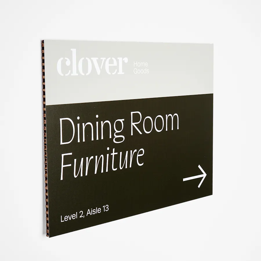 An eco-friendly honeycomb sign printed with Clover Home Goods and Dining Room Furniture.