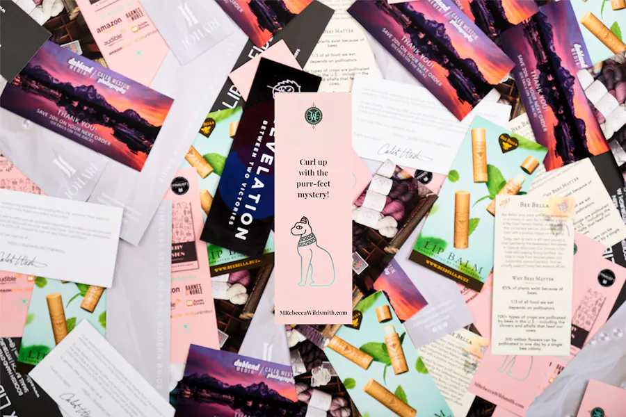 A pile of scattered custom bookmarks printed with various marketing and imagery in pink, purple, orange, white and blue.