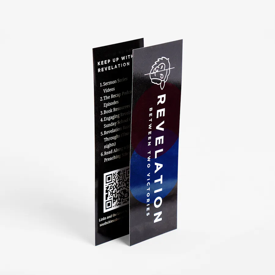 Two bookmarks custom printed with church marketing, a QR code and Revelation in white.