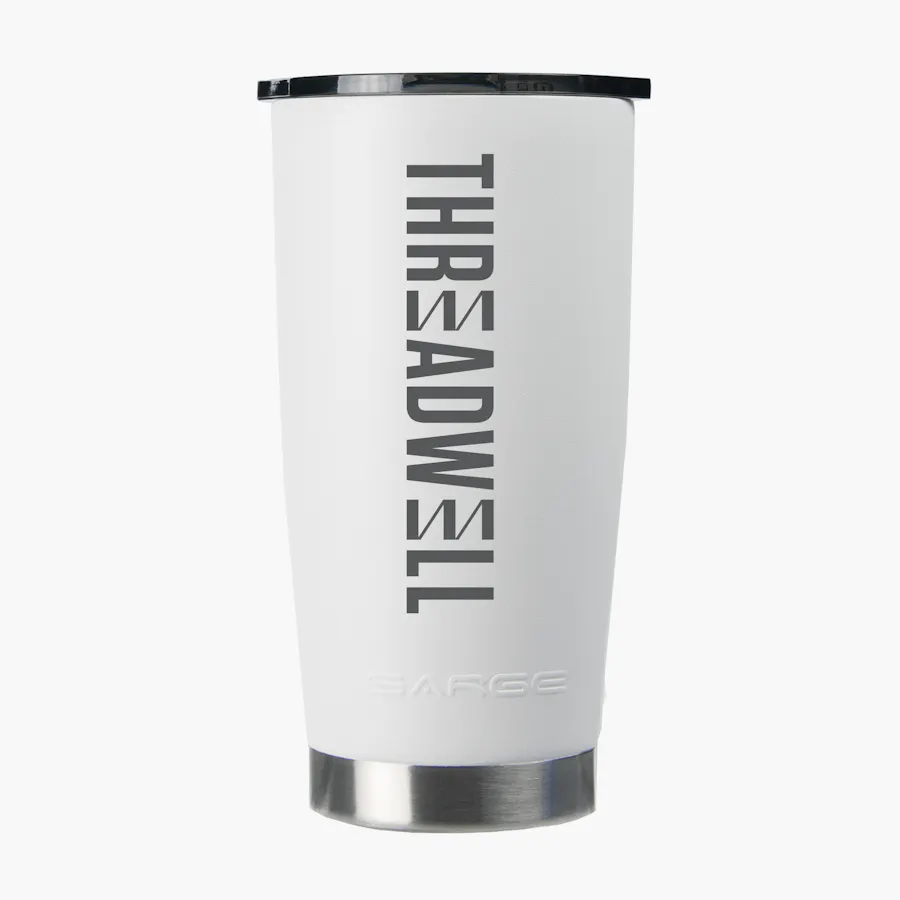 A drink tumbler with a white background and printed with Threadwell in black.