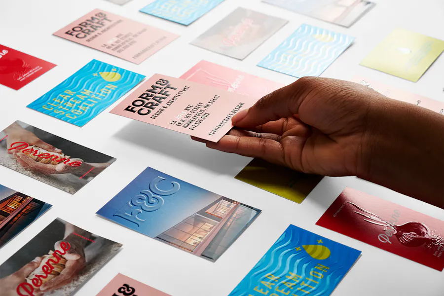 A hand holding a pink and black business card above more business cards lined up in rows.