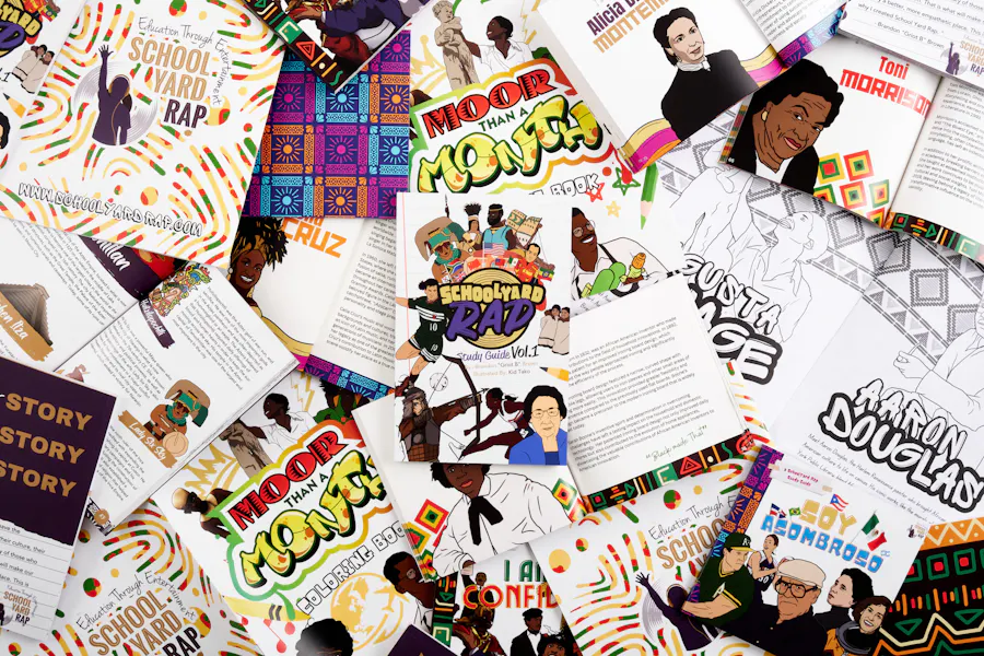 A collection of scattered educational study guides and coloring books printed for School Yard Rap.