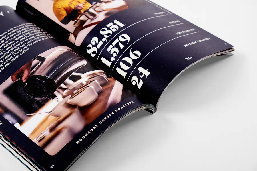 A custom business prospectus laying open and printed with a perfect binding and MoonGoat Coffee stats.
