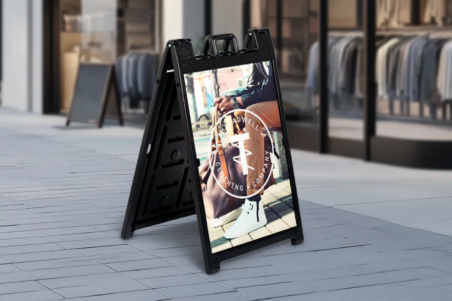 An A-frame sidewalk business sign printed with a black frame and Threadwell Clothing Company.