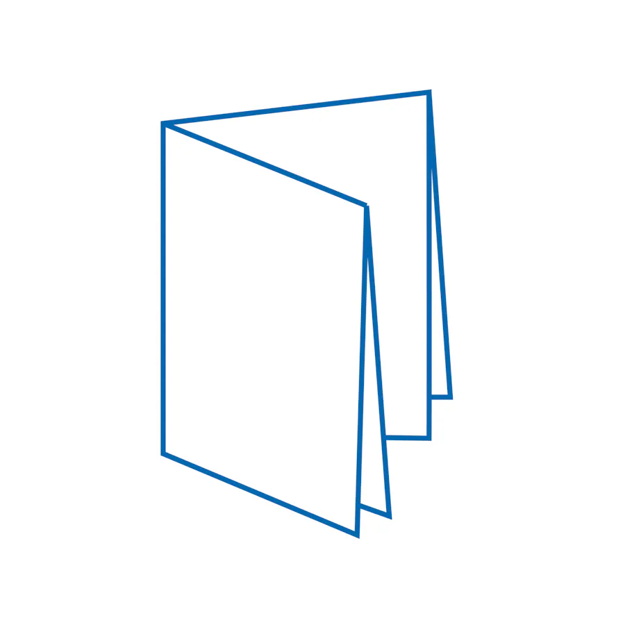 A double/French fold brochure graphic with a blue outline.