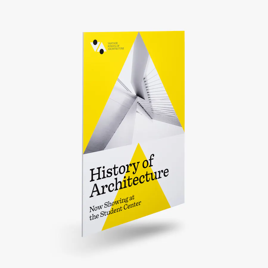 A foam board sign printed with History of Architecture Now Showing at the Student Center.