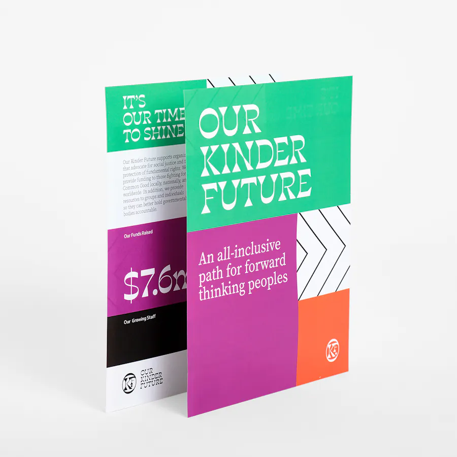 Two nonprofit flyers overlapping each other and printed with Our Kinder Future and a green, magenta and orange design.