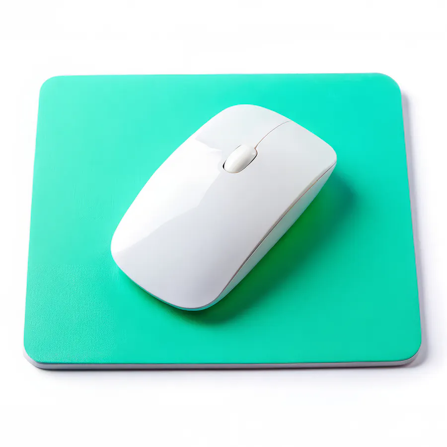 A white computer mouse sitting in the middle of a green mouse pad.