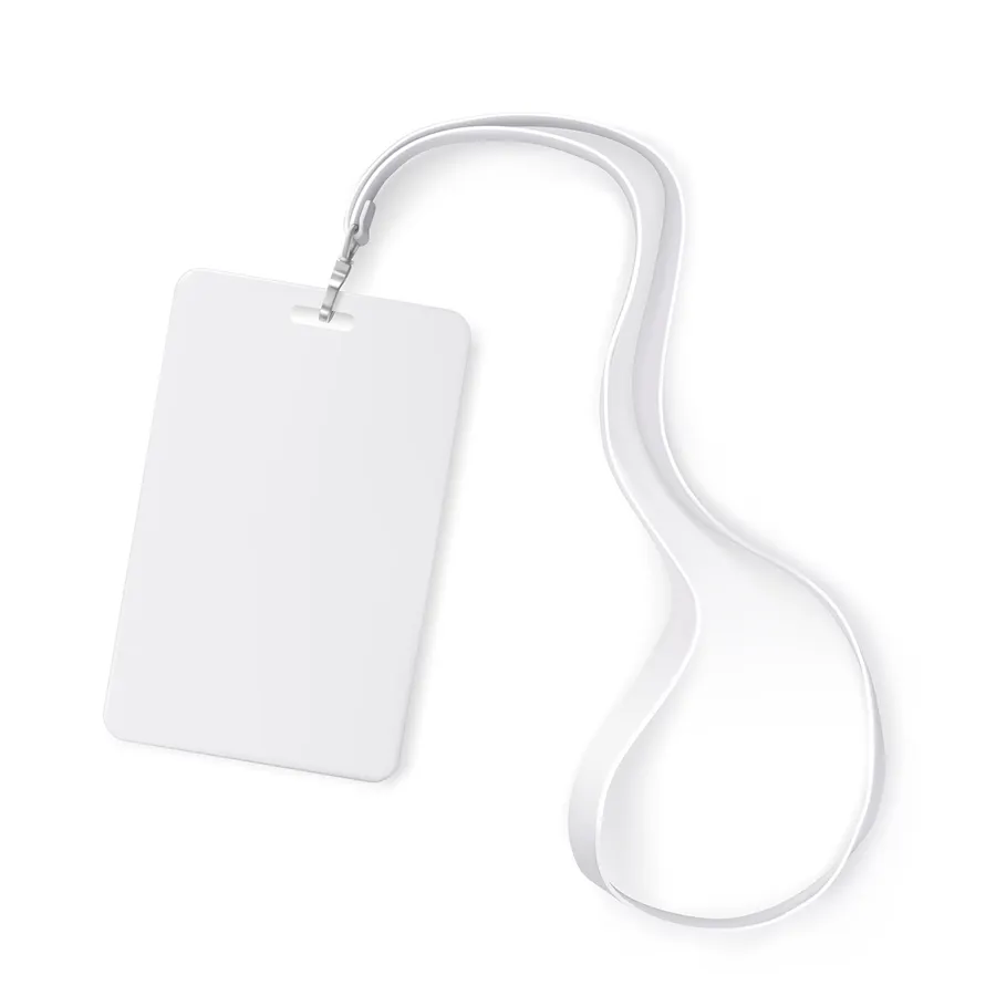 A white lanyard with a silver clip holding a white card holder.