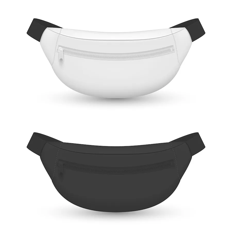 Two fanny packs lined up on top of each other in solid black and white with a black strap.